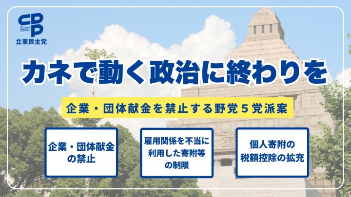 カネで動く政治に終わりを 企業・団体献金を禁止する野党5党派案 企業・団体献金の禁止 雇用関係を不当に利用した寄附等の制限 個人寄附の税額控除の拡充