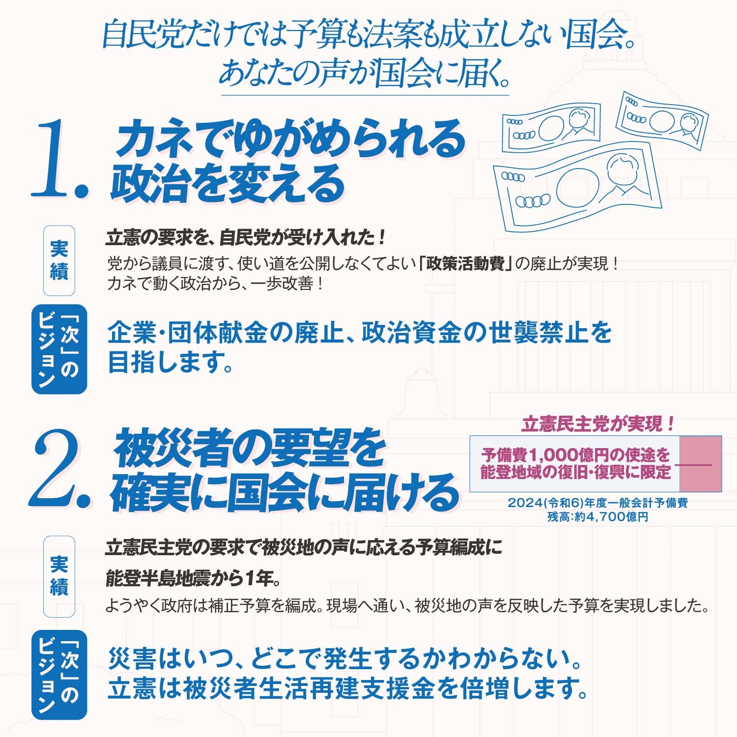 自民党だけでは予算も法案も成立しない国会。あなたの声が国会に届く。
