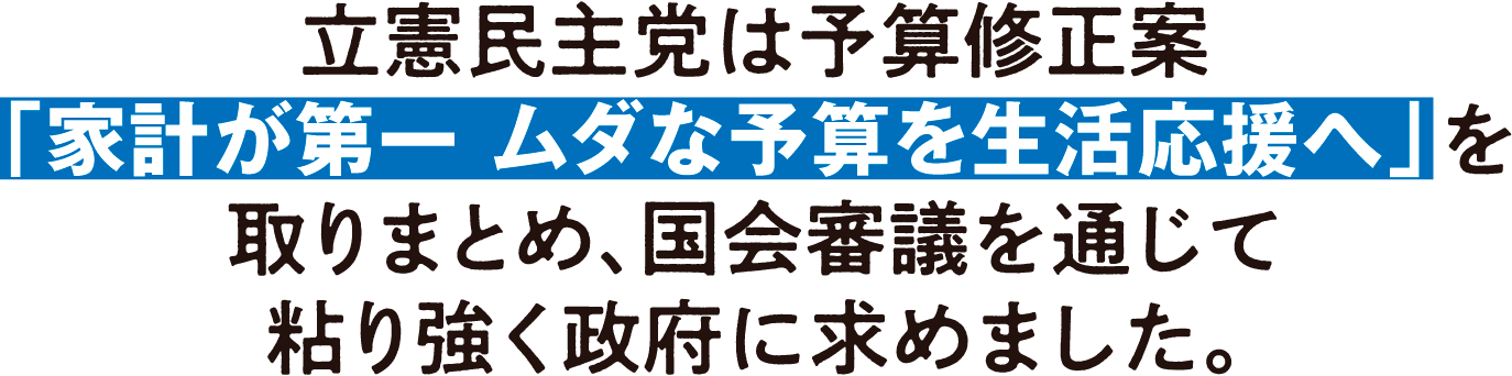 立憲民主党は予算修正案 「家計が第一 ムダな予算を生活応援へ」を 取りまとめ、国会審議を通じて 粘り強く政府に求めました。