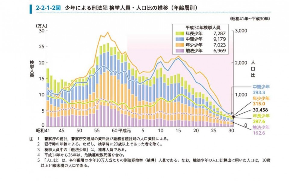 少年非行の概要(2018年 犯罪白書2019年版より) 少年法 少年による刑法犯 検挙人員・人口比の推移(年齢層別)