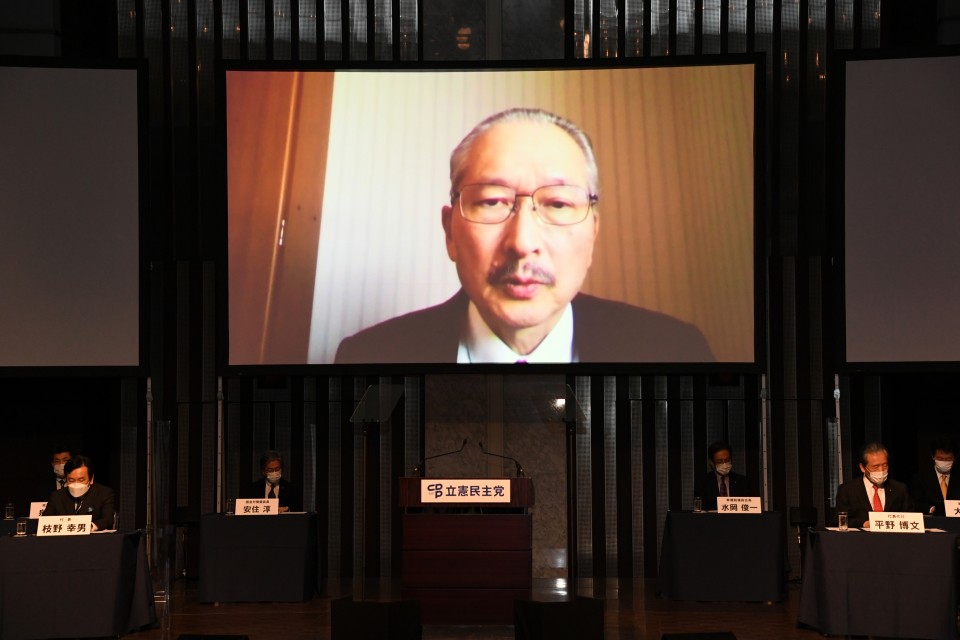 来賓あいさつをする連合の神津里季生会長 20210131 131725_01.JPG