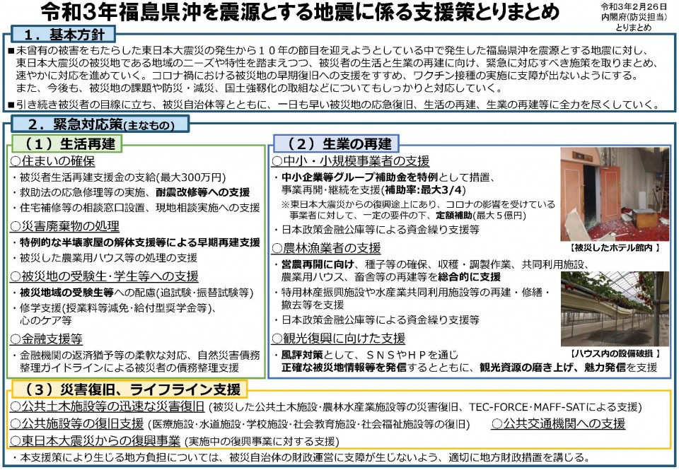 【資料1(内閣府)】福島県沖地震支援策一式 令和3年福島県沖を震源とする地震に係る支援策とりまとめ