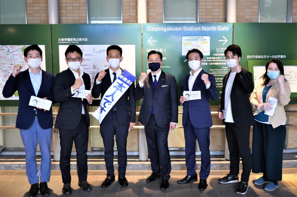 左から高松前区議、山岸総支部長、藤井候補予定者、福山幹事長、沢村区議、富田区議、野沢区議 DSC07071_20210622_540.JPG